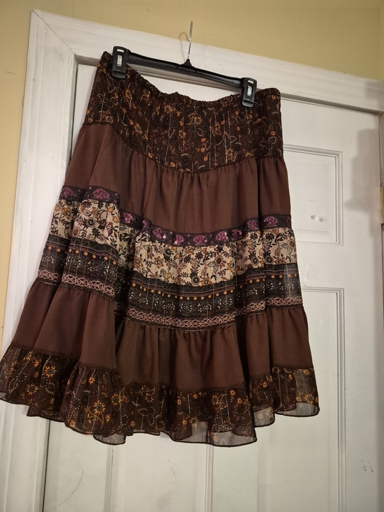 Sweet Lily Dresses & Skirts - Sweet Lily Elastic Waist Floral Brown Tiered Midi Skirt - Size L
